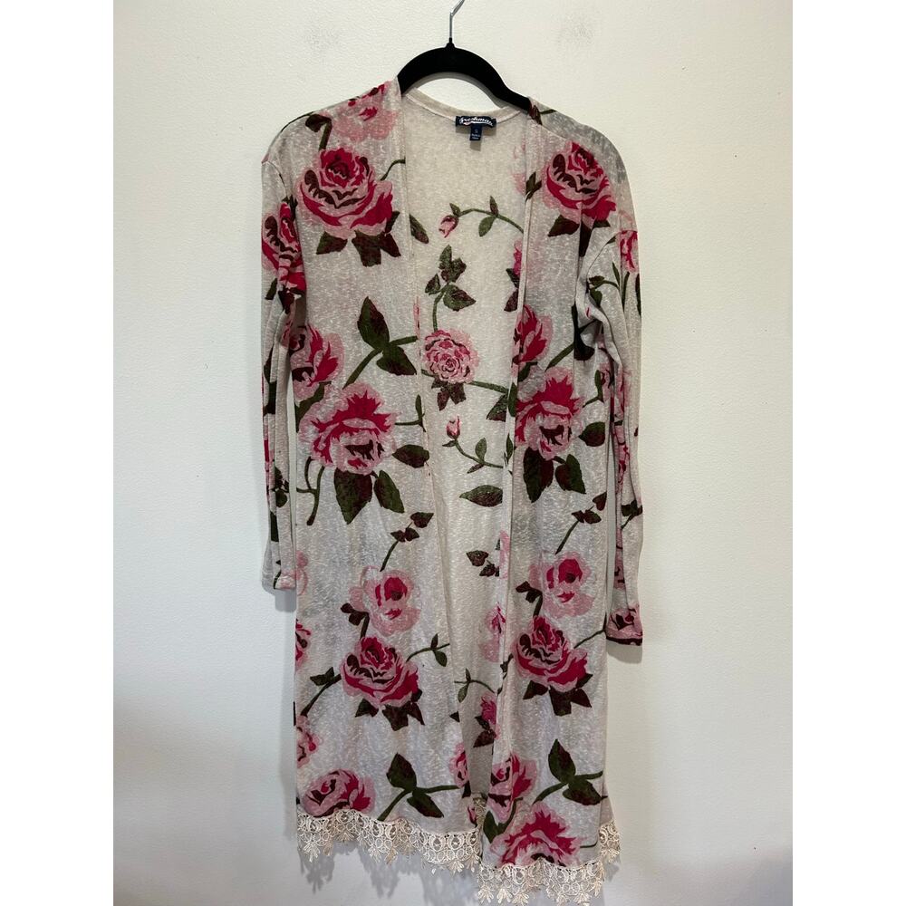 Freshman floral knit duster long cardigan womens S open front lightweight0